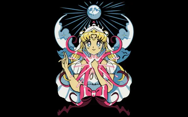 4K Ultra HD PC desktop wallpaper: Sailor Moon (Usagi Tsukino) anime portrait on a black background, crescent moon motif behind her, flowing ribbons and starburst accents.