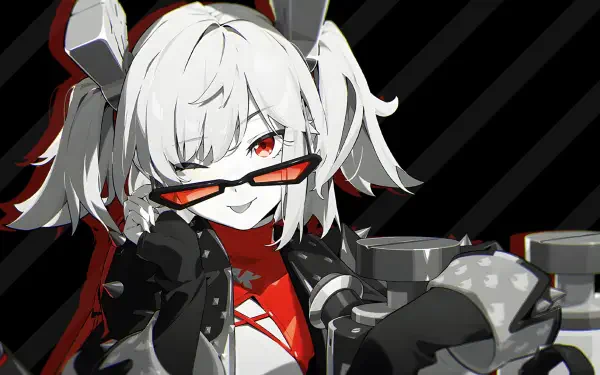 HD PC desktop wallpaper of Burnice White (Zenless Zone Zero): anime-style close-up with white pigtails, red-tinted sunglasses, black-and-red outfit and mechanical accessories on a dark striped background.