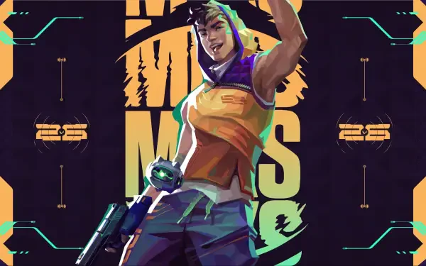 Vibrant Valorant FPS 4K Ultra HD PC desktop wallpaper featuring Miks, grinning agent with a handgun, neon geometric accents and bold MIKS text behind him.