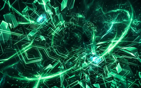 Abstract emerald-green energy vortex of geometric shards and glowing trails, high-detail 5K Ultra HD PC desktop wallpaper and background.