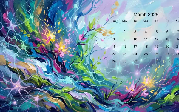 March 2026 calendar over vibrant abstract floral waves in neon blues, purples and greens — 5K Ultra HD PC desktop wallpaper and background.