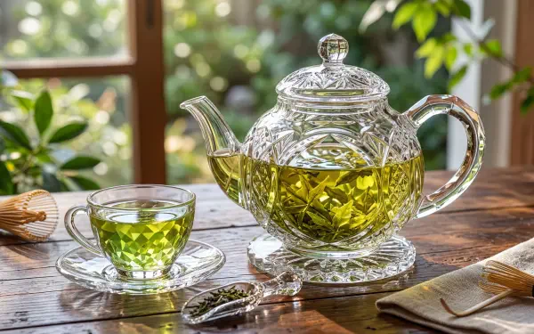 Vibrant green tea in a crystal teapot and cup on a wooden table by a sunlit window with leaves outside — 5K Ultra HD PC desktop wallpaper/background.