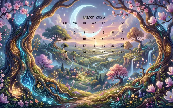 March 2026 calendar overlaying a whimsical fantasy landscape with moonlit valleys, flowering trees and winding path — 5K Ultra HD PC desktop wallpaper and background.