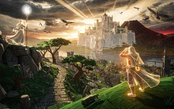 4K Ultra HD PC Desktop Wallpaper and Background: glowing cloaked adventurer stands on a grassy hill overlooking a sunlit fortress by a lake beneath dramatic skies and flying birds.