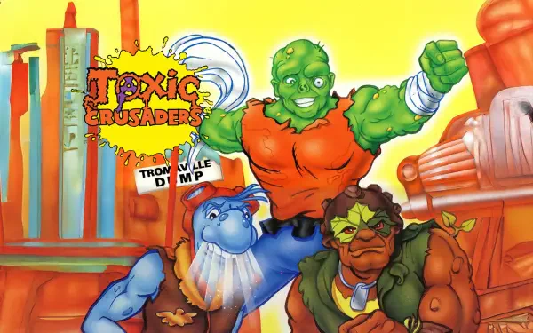 Toxic Crusaders video game 2K Quad HD PC desktop wallpaper/background — three colorful mutants: green leader in orange, blue bearded ally, brown-armored teammate against a bright industrial city.