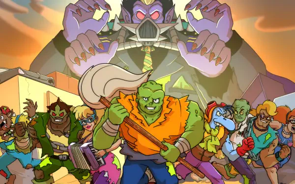 Toxic Crusaders video game 2K Quad HD PC desktop wallpaper and background: green hero wielding a club leads colorful mutant allies as a menacing villain looms overhead.