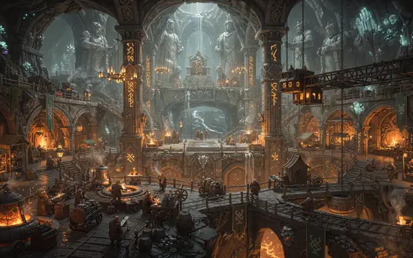 4K Ultra HD PC desktop wallpaper and background: sprawling dwarven underground city—lit forges, stone bridges, cavernous halls and glowing runes.
