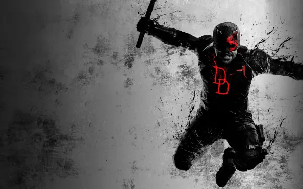 Daredevil: Born Again — 4K Ultra HD PC desktop wallpaper showing Daredevil leaping with a baton, glowing red eyes and a red DB emblem against a textured gray background.