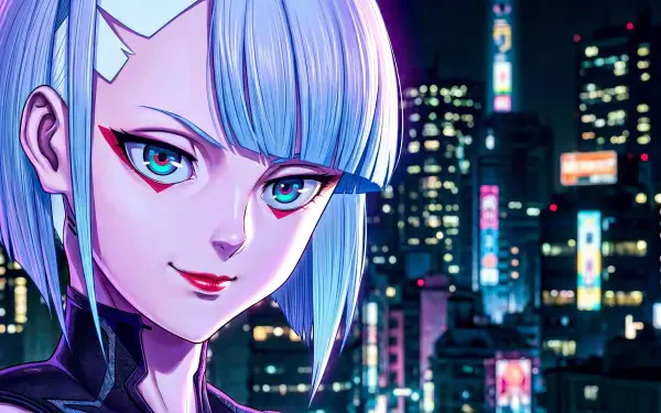 Close-up of Lucy from Cyberpunk: Edgerunners — anime girl with blue hair against a neon Night City skyline; 5K Ultra HD PC desktop wallpaper/background.