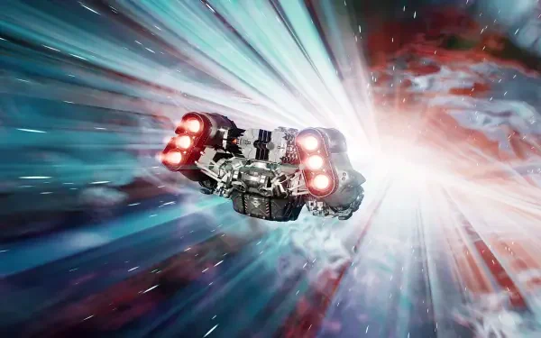 4K Ultra HD PC desktop wallpaper from the video game Starfield (Bethesda): sci‑fi starship streaking through a colorful hyperspace tunnel, bright engines and distant nebulae suggesting space travel.