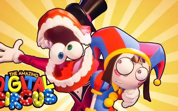 2K Quad HD PC wallpaper of TV show The Amazing Digital Circus featuring Pomni and Caine (TADG) grinning against a yellow sunburst background with the show's colorful logo.