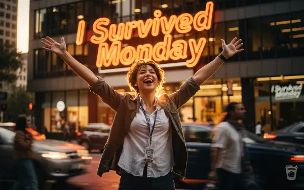 4K Ultra HD PC desktop wallpaper and background: triumphant woman raising her arms on a busy city street, neon I Survived Monday sign glowing above her.