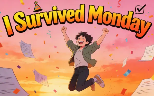 4K Ultra HD PC desktop wallpaper: a cheerful person jumps amid flying papers and confetti beneath a bold I Survived Monday banner.