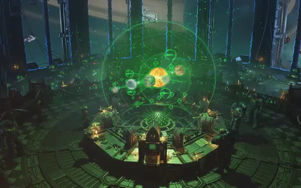 Warhammer 40K: Space Marine 2 video game 2K Quad HD PC background — armored marines around a central console projecting a green holographic planetary display in a dark futuristic command chamber.