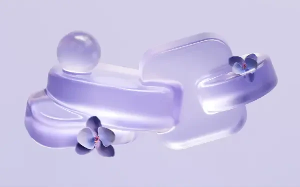 Microsoft purple translucent abstract design of glass-like ribbons and small flowers — 4K Ultra HD PC desktop wallpaper and background.