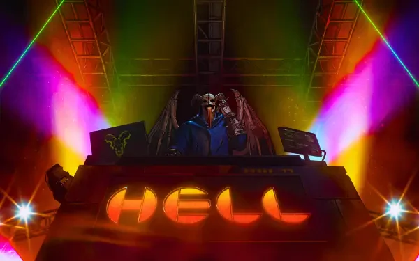 Dorohedoro anime devil DJ spins on a neon hell stage, 'HELL' glowing on the booth; 5K Ultra HD PC desktop wallpaper/background.