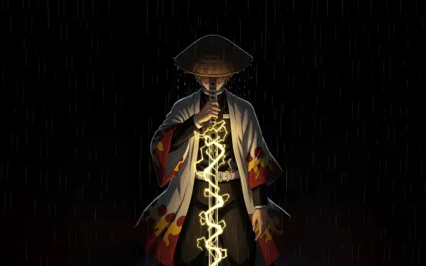 Zenitsu Agatsuma (Demon Slayer) stands in rain with straw hat, channeling crackling yellow lightning — OLED 5K Ultra HD anime samurai desktop wallpaper.