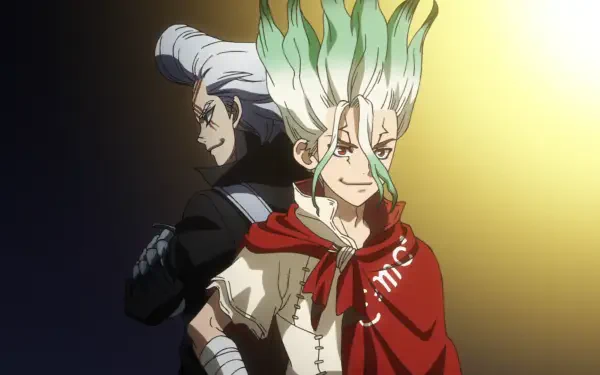 HD PC desktop wallpaper/background of Senku Ishigami and Dr. Xeno from the anime Dr. Stone, posed back-to-back under dramatic lighting.