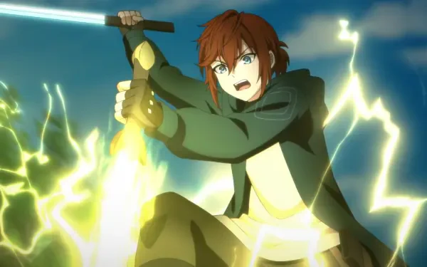 Anime HD PC desktop wallpaper of Arthur Leywin (The Beginning After The End) brandishing a glowing, lightning-charged sword with a fierce expression against a stormy, energy-filled sky.