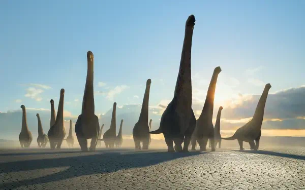 Prehistoric Planet 4K Ultra HD PC desktop wallpaper: a herd of long-neck sauropods walks across a misty shoreline at sunrise, casting long shadows on textured ground.