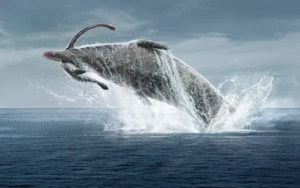 4K Ultra HD PC desktop wallpaper — Prehistoric Planet: a giant prehistoric marine creature breaches the ocean, water exploding into spray beneath a brooding, cloud-filled sky.