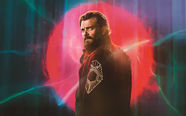 Foundation-themed 4K Ultra HD PC desktop wallpaper: bearded man in dark cloak stands before a glowing red orb with teal neon streaks, moody sci-fi atmosphere.