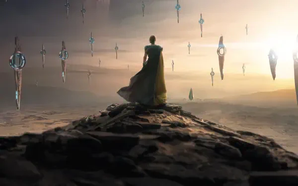 Cloaked figure on a rocky ridge overlooking a misty landscape dotted with floating monoliths at sunrise - Foundation 4K Ultra HD PC desktop wallpaper and background.