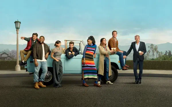 Shrinking — group of people gathered around a light-blue pickup truck on a roadside with a lamppost and distant mountains; 4K Ultra HD PC desktop wallpaper and background.