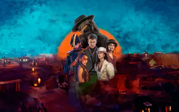 Zorro 4K Ultra HD PC Desktop Wallpaper and Background — masked hero and allies stand before an orange sun and turquoise sky above a candlelit town.