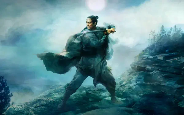 The Wheel of Time 4K Ultra HD PC desktop wallpaper and background: a robed warrior stands on windswept cliffs beneath a misty moonlit sky, cloak billowing, distant pine forests.