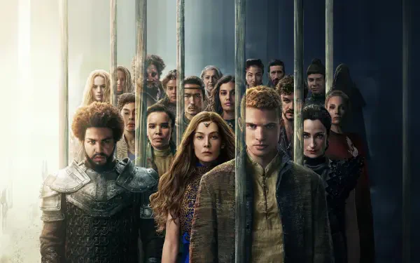 4K Ultra HD PC desktop wallpaper of The Wheel of Time: ensemble cast arrayed behind vertical bars, dramatic lighting and an epic fantasy atmosphere.