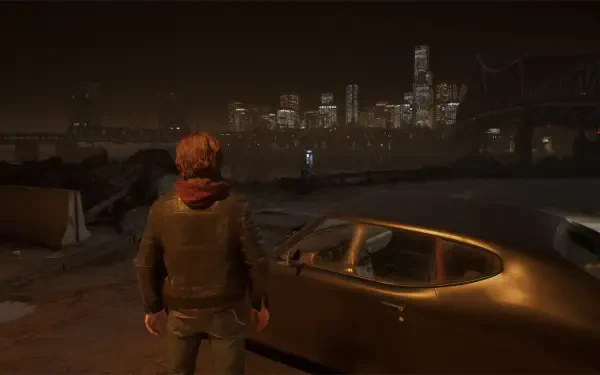 HD PC wallpaper from the video game Samson (2026): a lone figure stands by a parked car on a foggy coastal road, the city skyline glowing across the water at night.