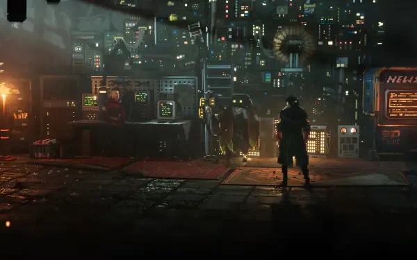 2K Quad HD PC desktop wallpaper: video game-inspired pixel art cityscape titled Replaced, lone figure on a neon, rain-soaked street beneath a towering cybernetic skyline.