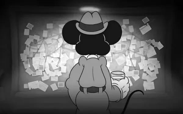 2K Quad HD PC wallpaper for the video game Mouse: P.I. For Hire — a fedora-clad mouse detective in a coat, holding a drink, stands with back to viewer before a wall of pinned case notes.