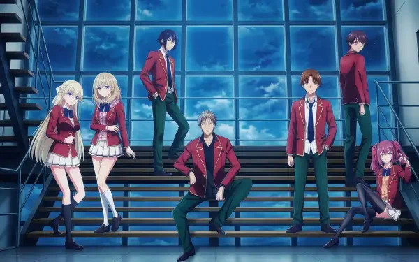 Classroom of the Elite 2K Quad HD PC desktop wallpaper and background: seven students in red uniforms posed on a stairwell before a large nighttime glass wall.