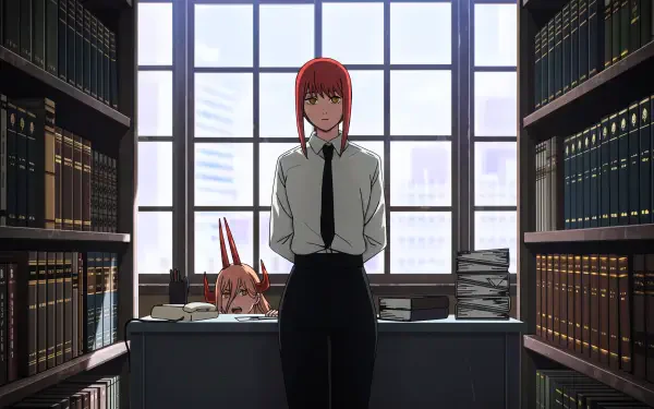 Chainsaw Man 5K Ultra HD PC wallpaper: devil Power peeks over a desk while a red‑haired officewoman stands in a sunlit library — funny anime scene.