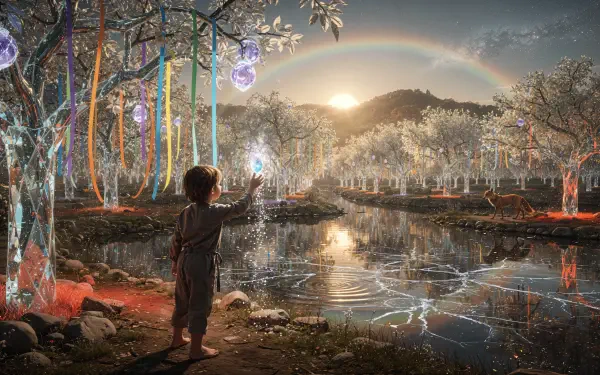 4K Ultra HD PC Desktop Wallpaper and Background: child reaches toward a shimmering light spectrum above a reflective pond in an enchanted forest at sunrise, trees and ribbons glowing.