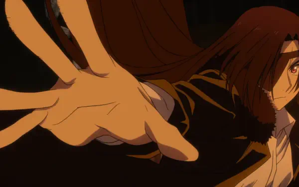 HD PC desktop wallpaper of Asa from Daemons of the Shadow Realm: anime close-up of Asa reaching forward, hair flowing and determined expression against a dark background.