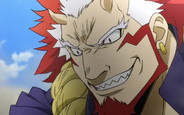Anime HD PC wallpaper of Migi from Daemons of the Shadow Realm — snarling close-up with red mane and horns, braided blond hair, jagged teeth and red facial markings against a blue sky.