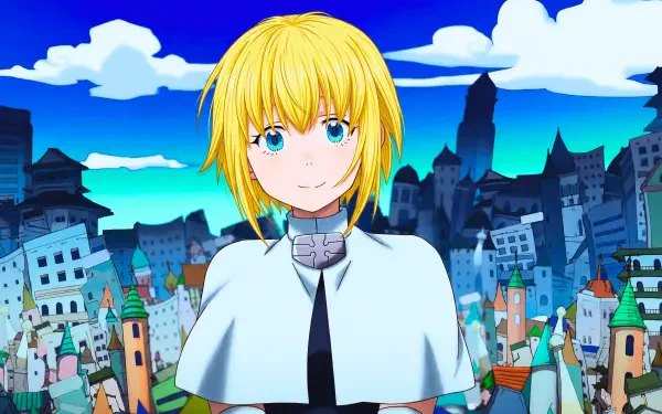 Iris (Fire Force), a blonde anime priest girl, smiles before a vibrant city and blue sky — 5K Ultra HD PC desktop wallpaper/background.