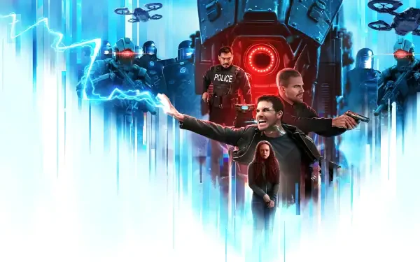 Code 8: Part 2 4K Ultra HD PC desktop wallpaper — electric-blue sci‑fi tableau with a glowing red mech eye, armored police, armed figures and a central trio amid crackling energy.