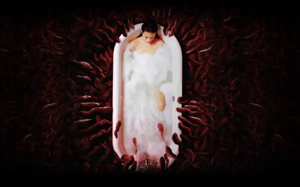 Slither — 4K Ultra HD PC desktop wallpaper: pale figure in a white bathtub encircled by writhing red, worm-like creatures set against a dark, textured background.