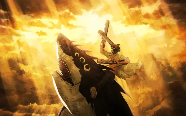 Chainsaw Man anime 5K Ultra HD PC desktop background: Denji riding Beam, chainsaw roaring as they soar through a blazing golden sky.
