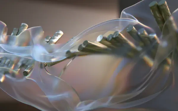 3D futuristic abstract 4K Ultra HD desktop wallpaper: translucent ribbon forms weave around a metallic, textured spine-like structure against a soft bokeh background.