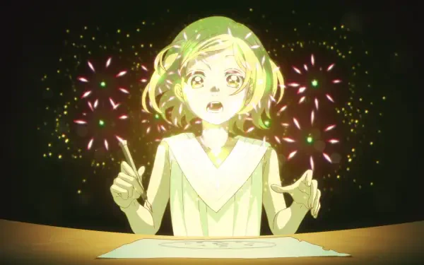 HD PC desktop wallpaper of Coco (Witch Hat Atelier), anime-style, wide-eyed with a wand as colorful magical sparks and fireworks burst behind her.