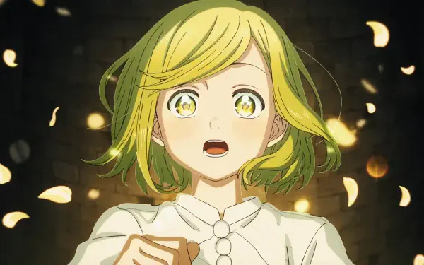 HD anime desktop wallpaper of Coco from Witch Hat Atelier: wide-eyed, surprised, greenish-blonde hair, glowing golden motes and petals drifting against a dark backdrop.