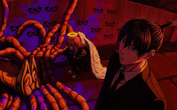 Chainsaw Man anime 5K Ultra HD PC desktop wallpaper: Aki Hayakawa in a suit stands beside Angel Devil (halo, wings) amid glowing red-purplish demonic tentacles.
