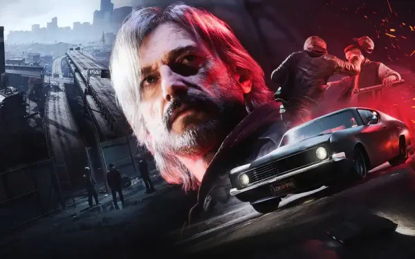4K Ultra HD PC desktop wallpaper/background from the video game Samson (2026): grizzled male lead, roaring muscle car, dim city skyline and armed figures amid sparks.