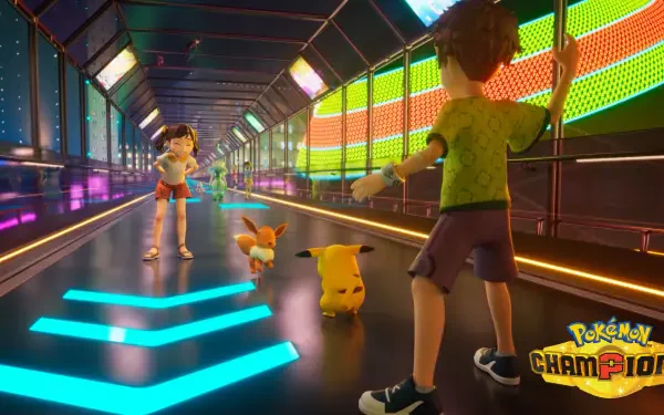 HD PC desktop wallpaper from the video game Pokémon Champions: two young trainers face off with Pikachu and Eevee in a neon-lit arena tunnel.