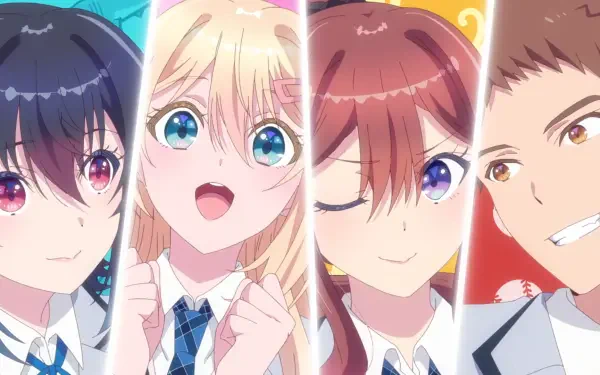 Anime HD PC desktop wallpaper of I Made Friends with the Second Prettiest Girl in My Class: four smiling classmates in school uniforms framed by diagonal panels.